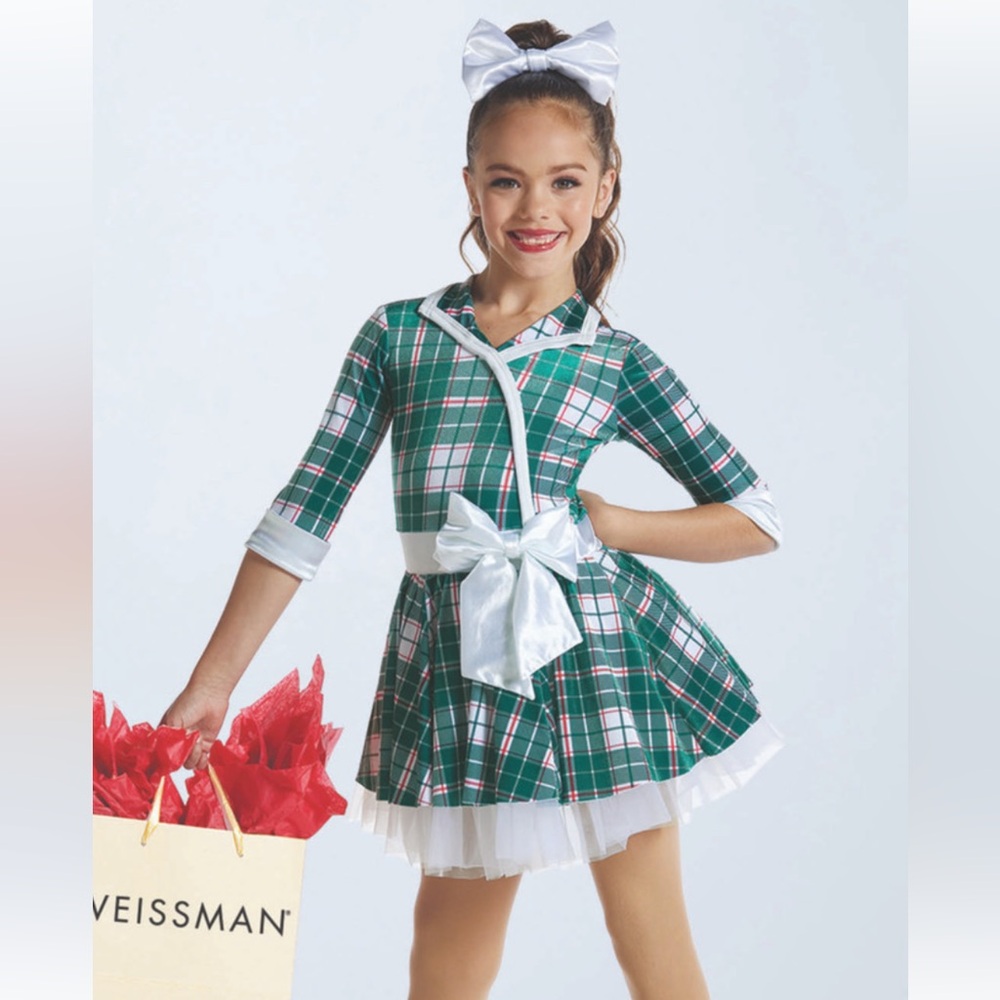 Weissman Green Plaid Kids Dance Costume with White Satin Bow 12696